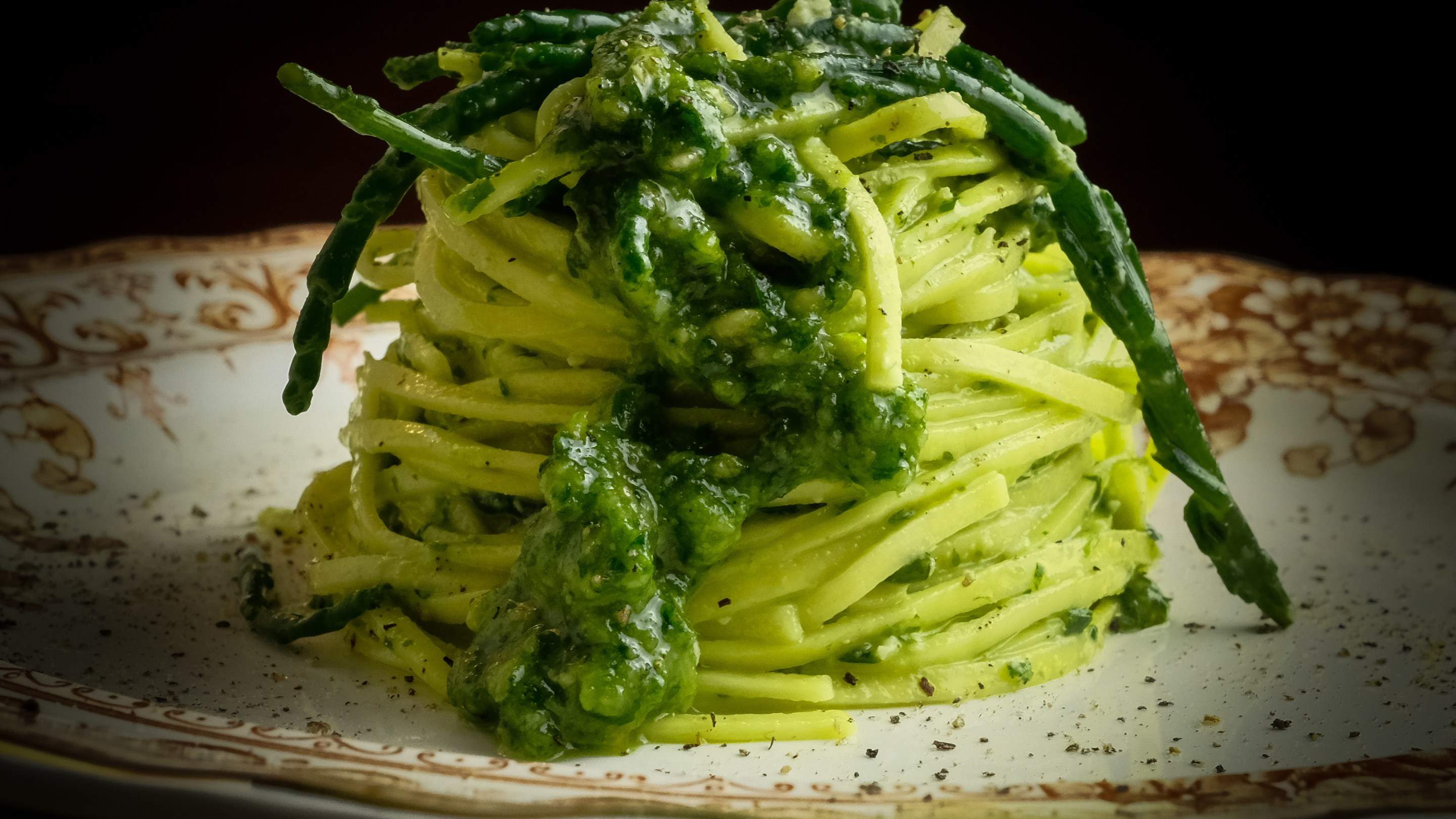 Filini in wild garlic pesto with samphire, a vivid spring pasta from Pasta & Magic author Mark Gowen.