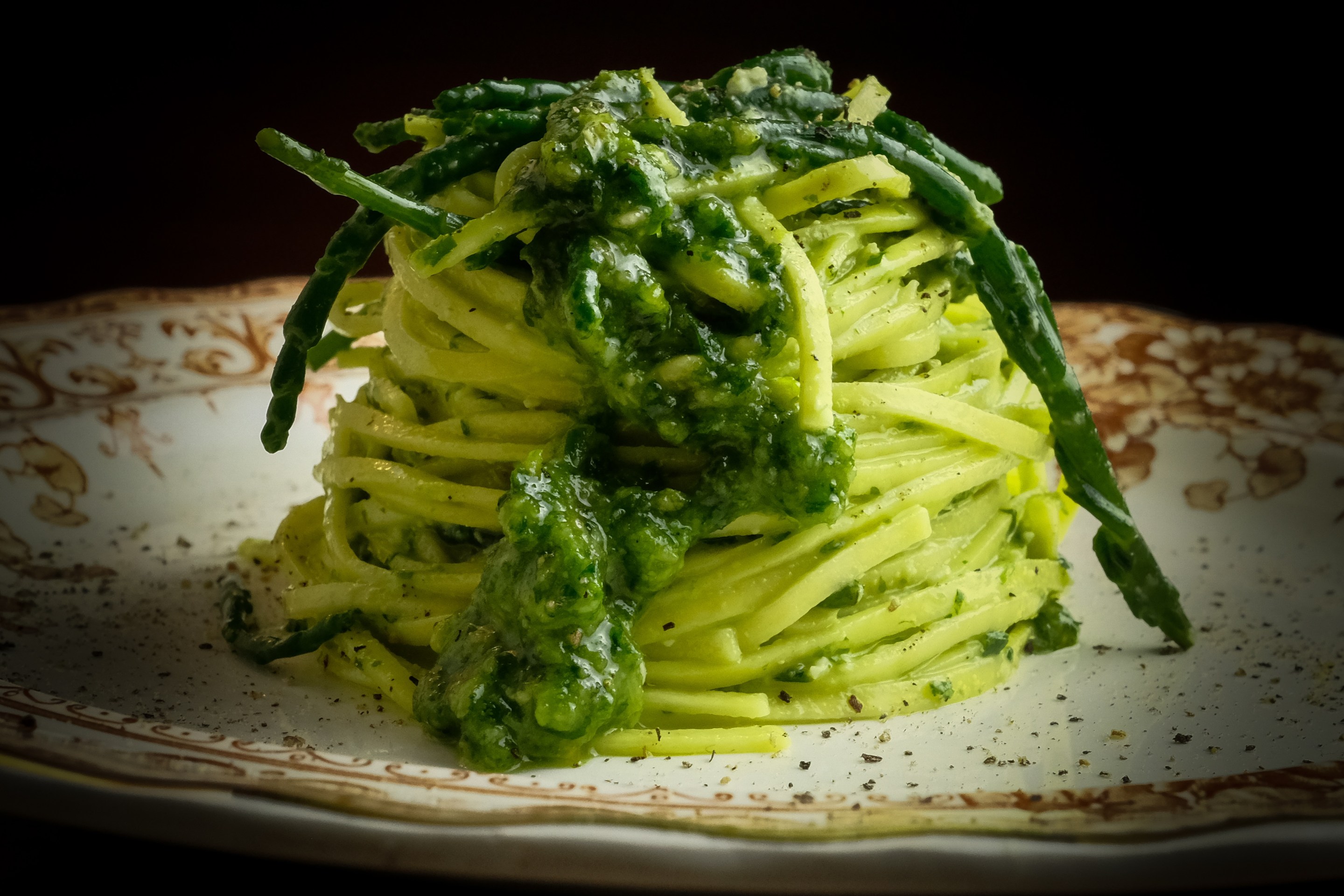 Filini in wild garlic pesto with samphire, a vivid spring pasta from Pasta & Magic author Mark Gowan.