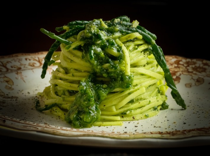 Filini in wild garlic pesto with samphire, a vivid spring pasta from Pasta & Magic author Mark Gowen.