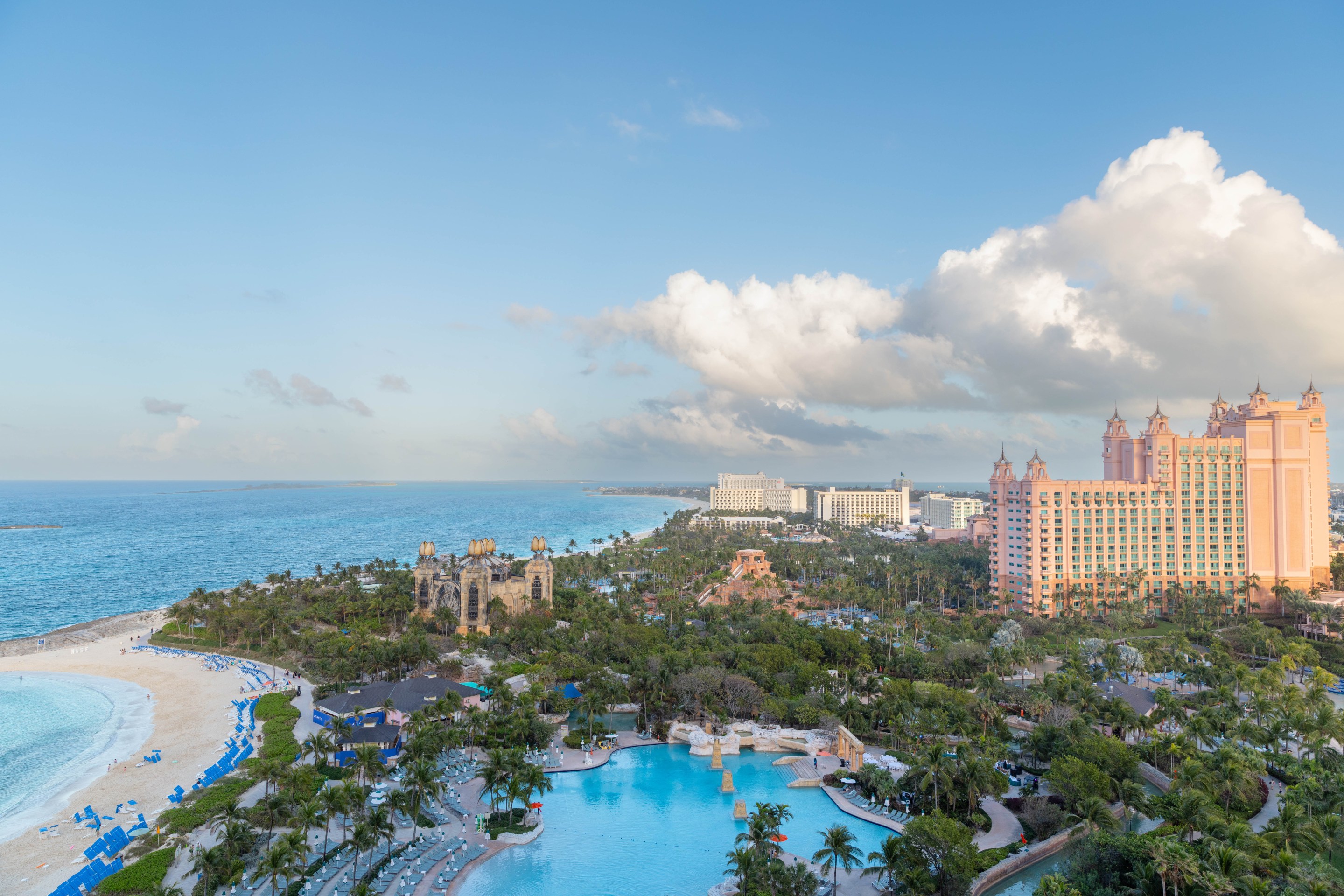 Aerial view of Atlantis Paradise Island resort in the Bahamas along the ocean.