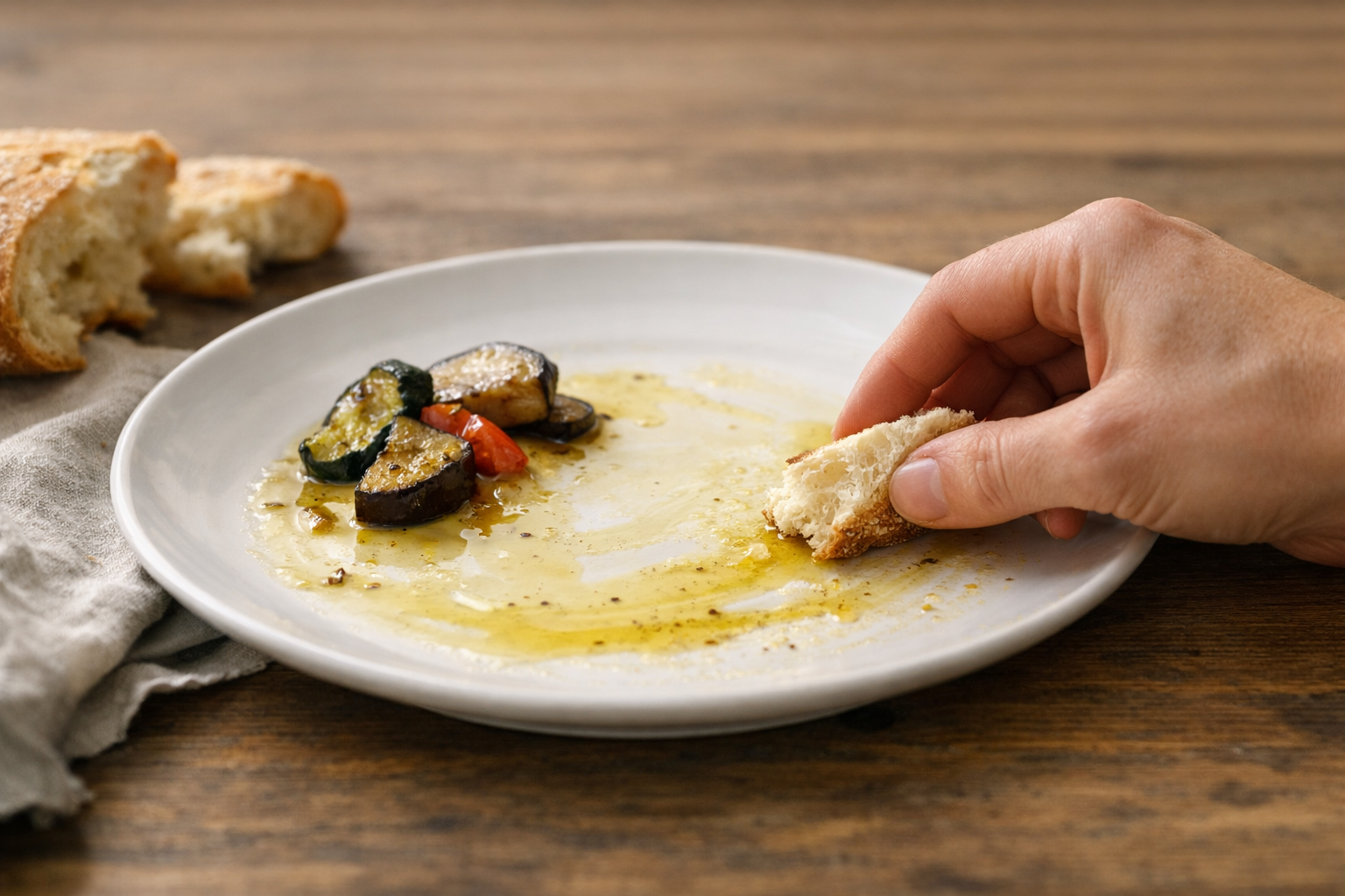 The final swipe of olive oil with bread on a plate of vegetables.