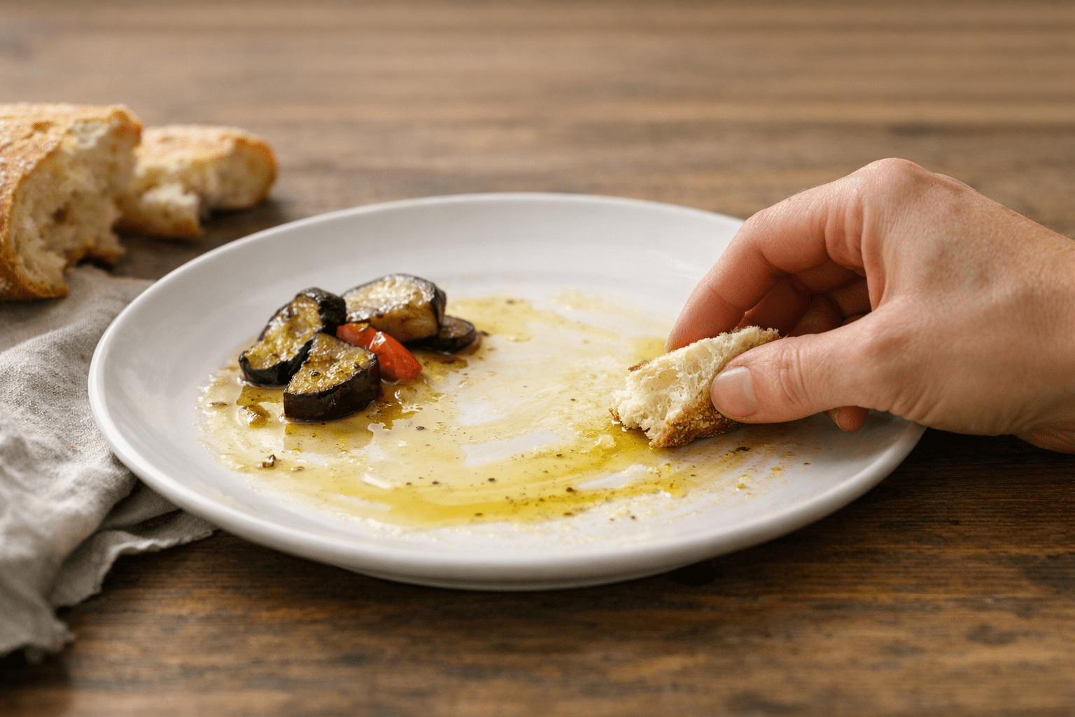 The final swipe of olive oil with bread on a plate of vegetables.