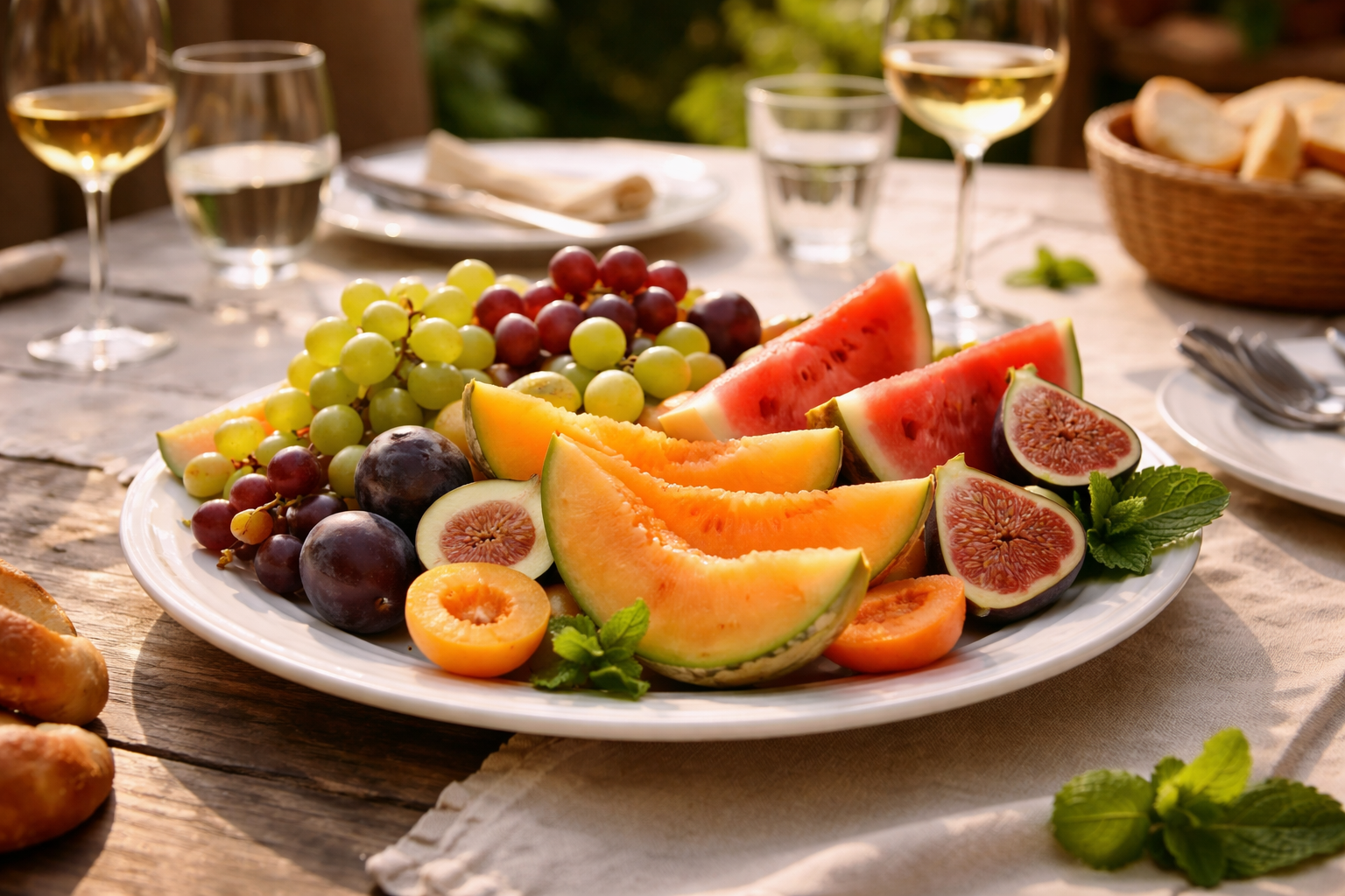 Fruit course at an Italian meal with grapes and figs on a rustic table