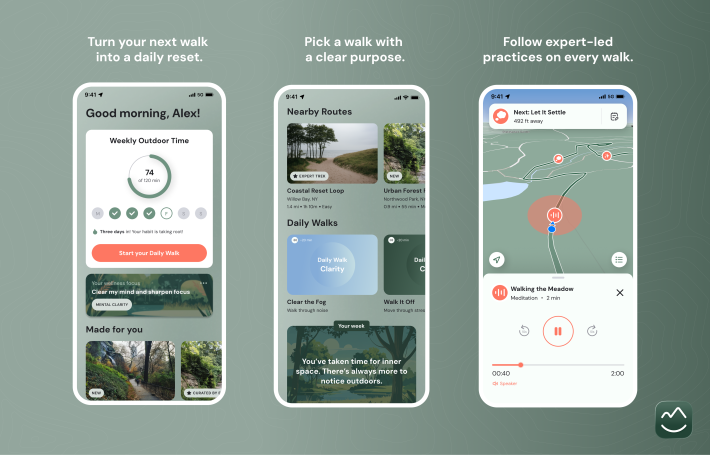 Mindtrek app interface showing guided walks, routes, and audio features