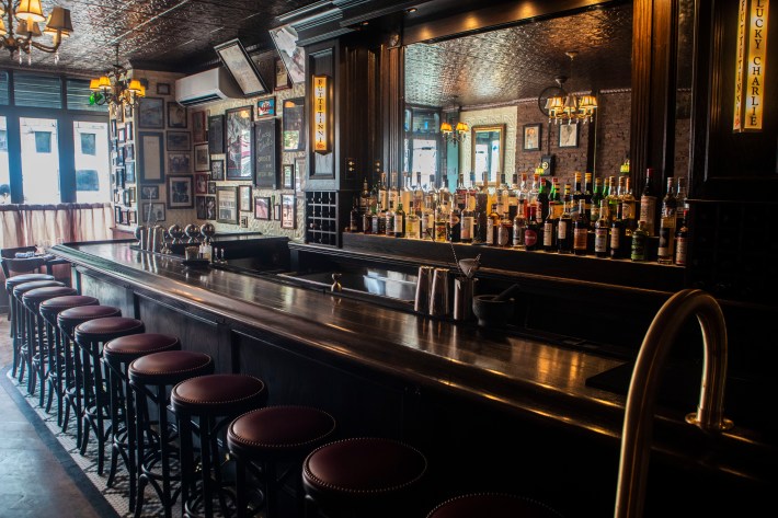 The bar and dining room interior at Lucky Charlie in Bushwick.