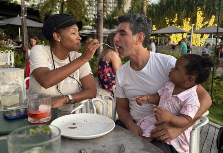 Chef Michele is having a relaxed afternoon with family.