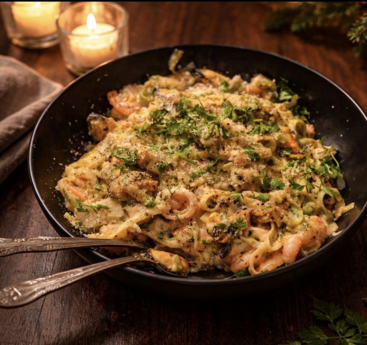 Seafood carbonara with prawns, calamari, Parmesan and fresh herbs. Photo credit: Chef Paul Watters