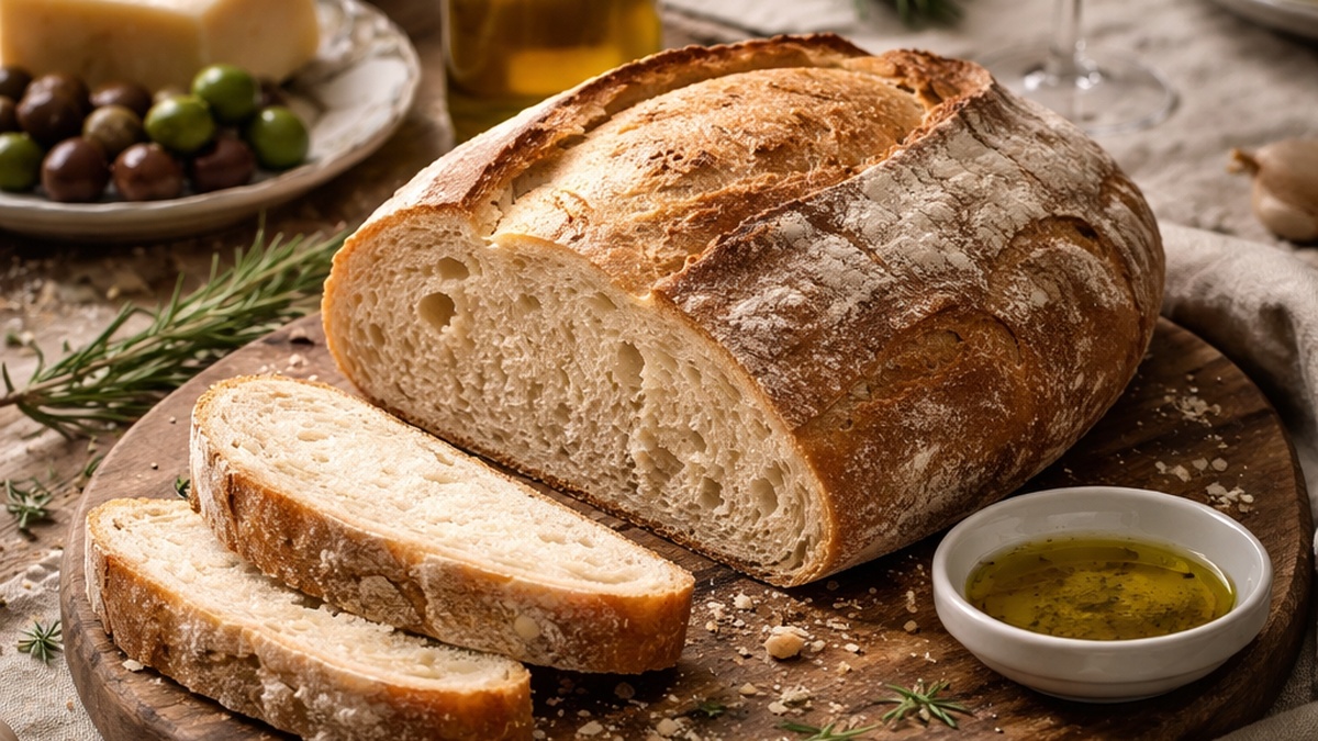 Rustic Italian bread on a wooden table with olive oil, wine, and olives.