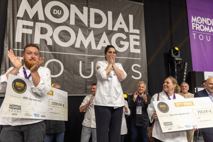 Emilia D’Albero reacts on stage after winning Best Cheesemonger at the Mondial du Fromage competition in Tours, France.