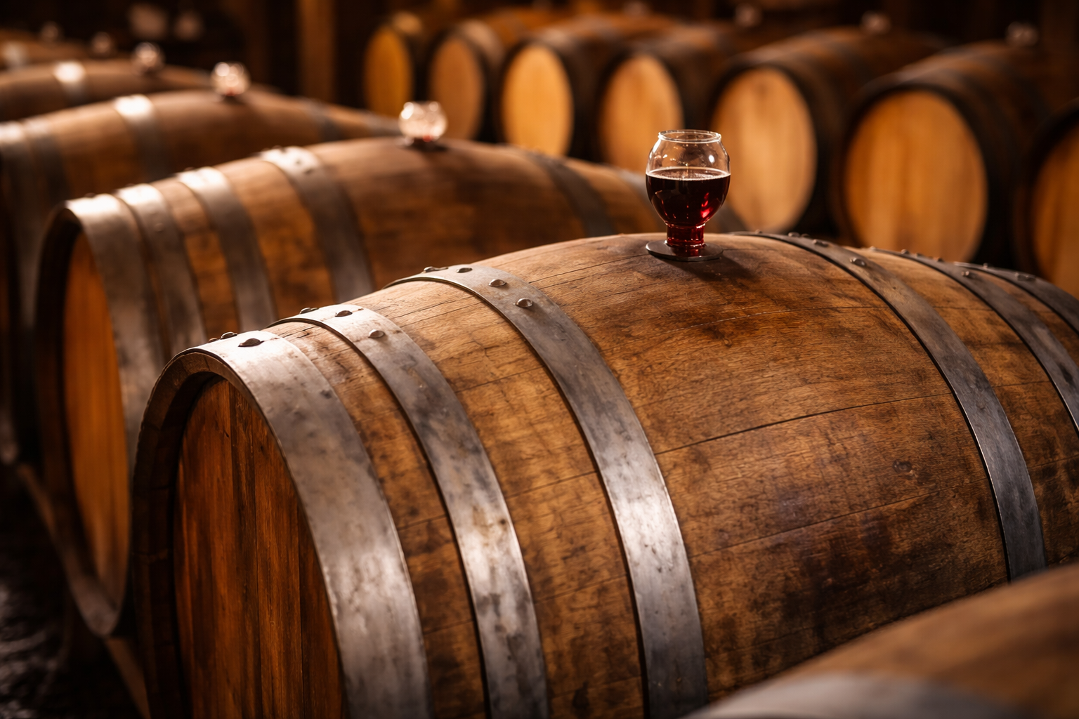 Oak wine barrels, reflecting the “full barrel” at the center of the Italian expression volere la botte piena e la moglie ubriaca.
