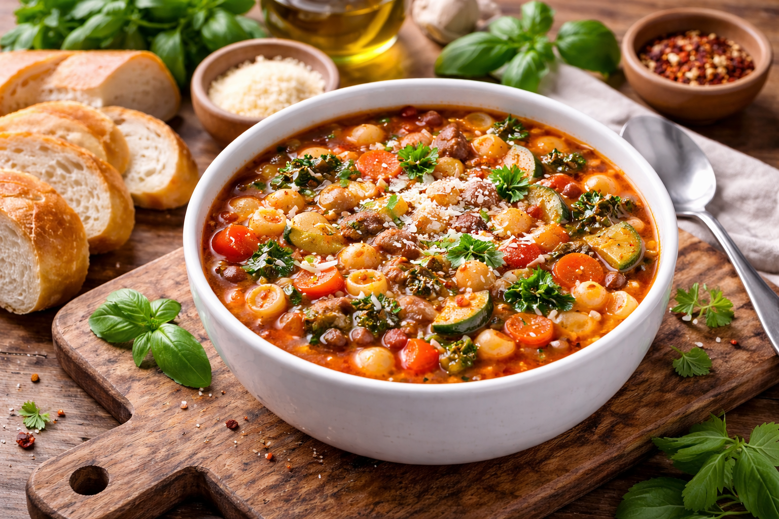 a bowl of soup on a cutting baord with fresh bread