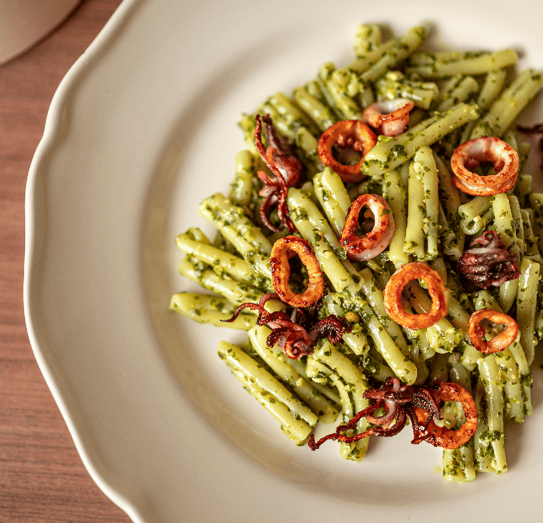 Casarecce Pasta with Pesto & Crispy Calamari