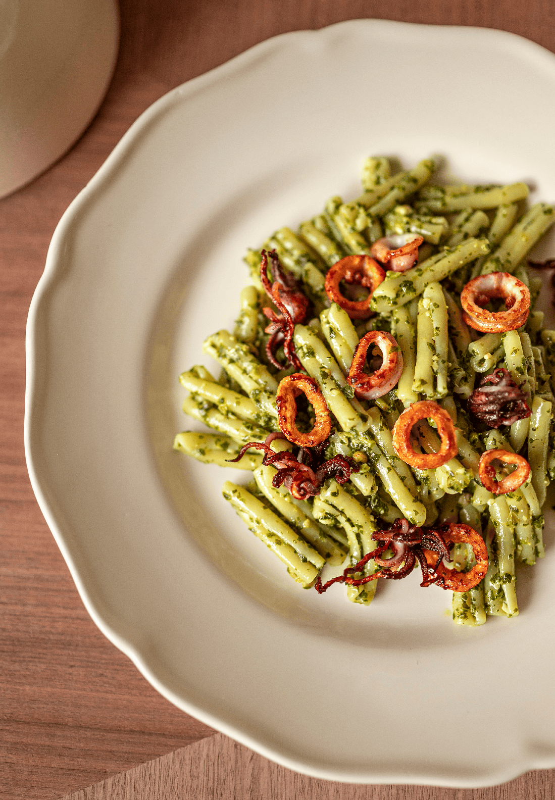 Casarecce with Pesto and Crispy Calamari from Lido