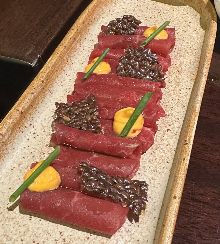 Angus sashimi with chili aioli plated at Caffè dell’Oro Florence