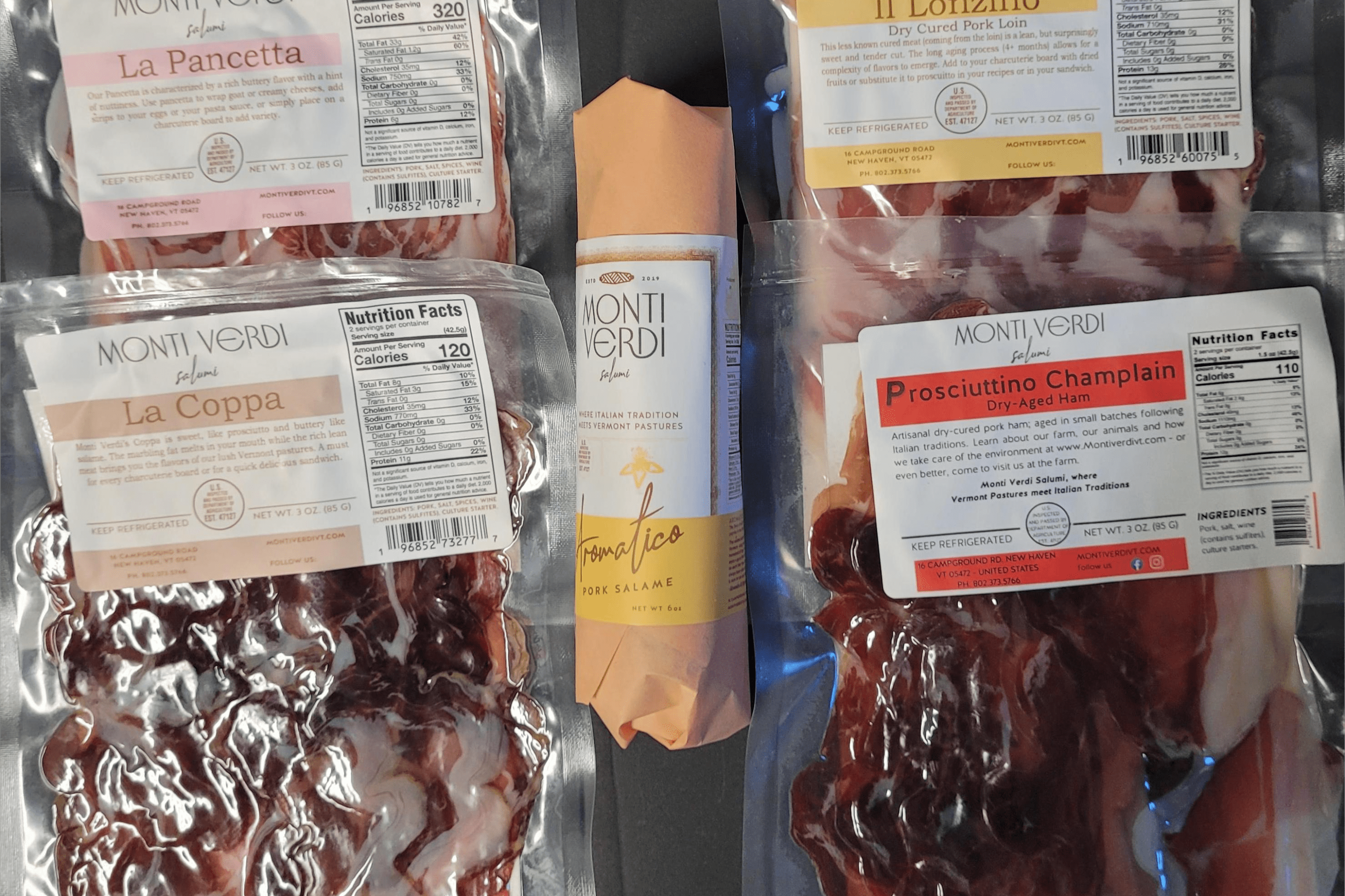 Various products made at Monti Verdi Salumi in Vermont.