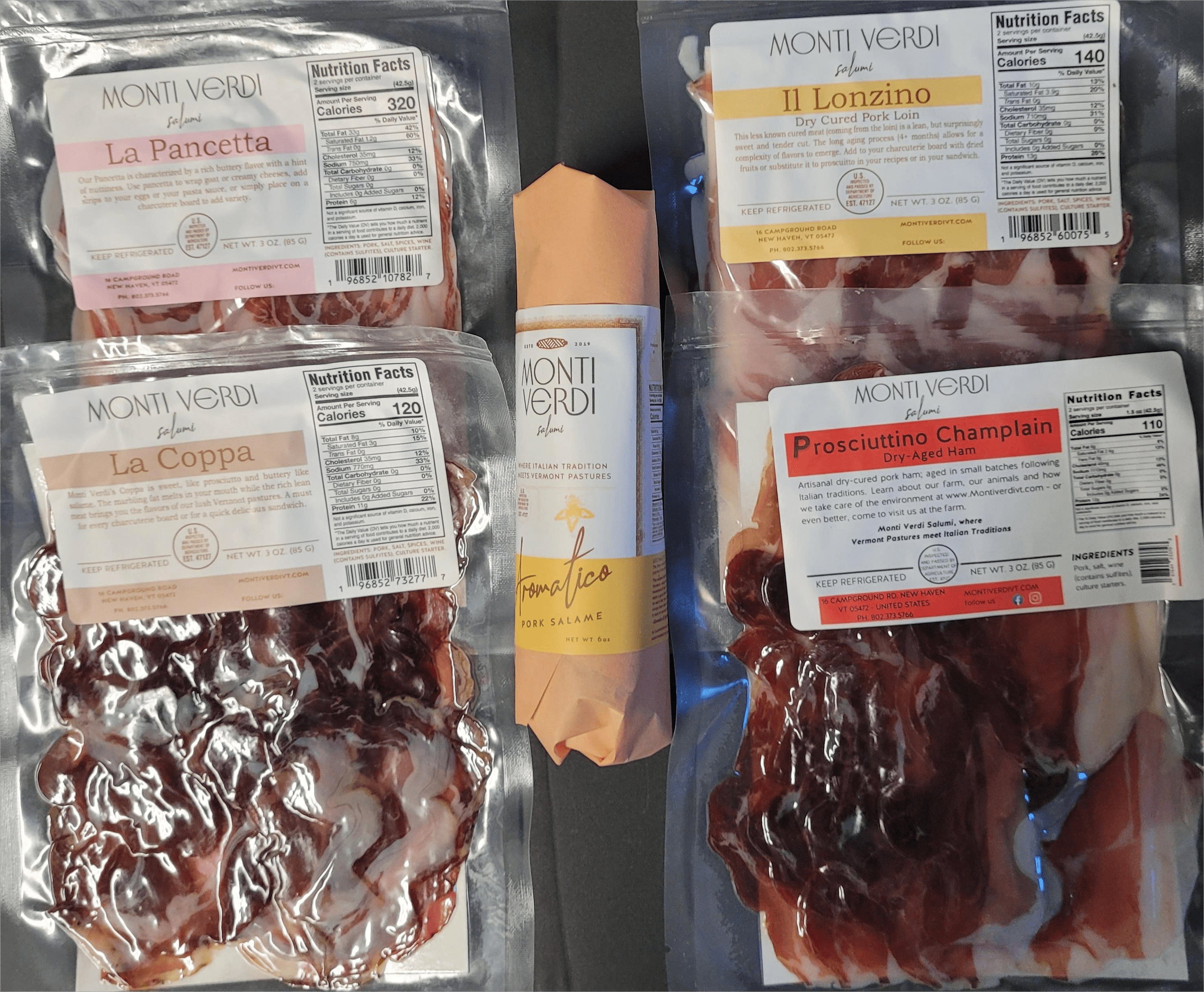 Various products made at Monti Verdi Salumi in Vermont.