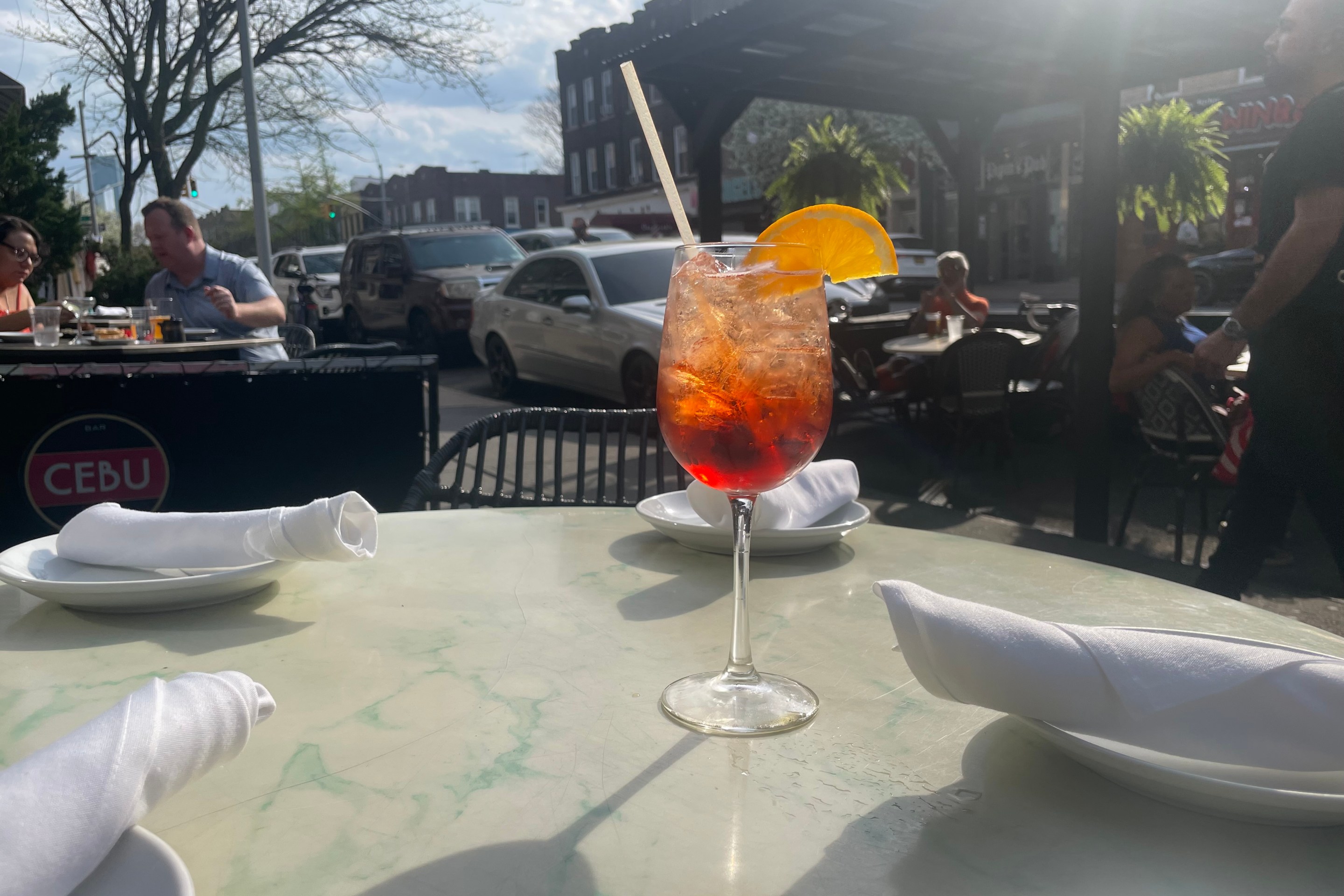 A Negroni Sbagliato outside of Cebu Bar & Bistro in Bay Ridge, Brooklyn.