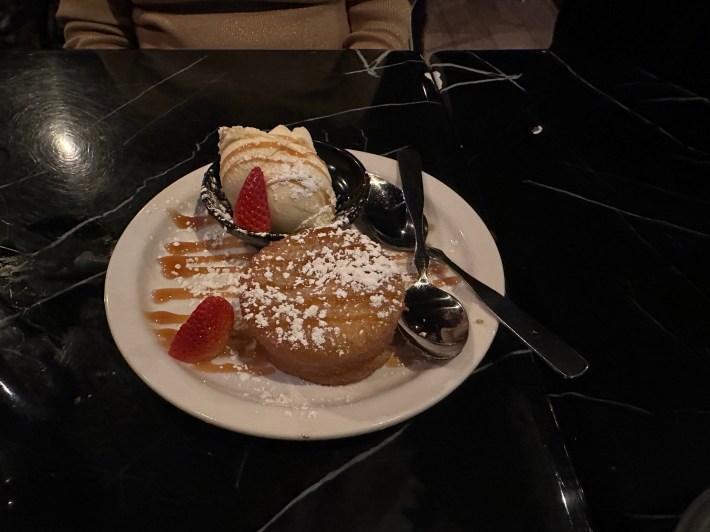 Butter cake with vanilla ice cream and strawberries at Provare Chicago
