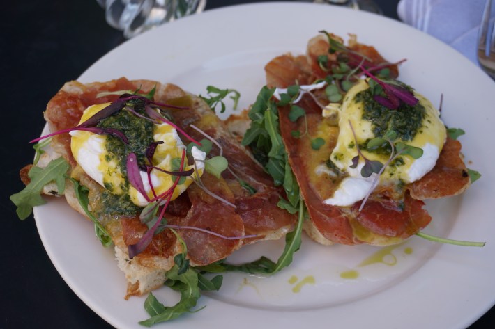 Prosciutto Benedict with basil hollandaise on focaccia at Trattoria Lucia