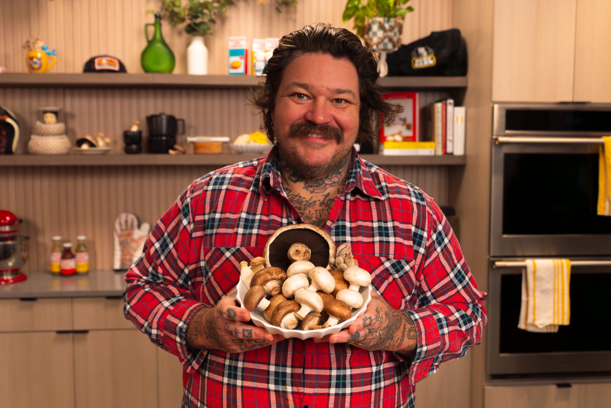 Matty Matheson with a selection of fresh mushrooms, highlighting their versatility and everyday appeal in home cooking.