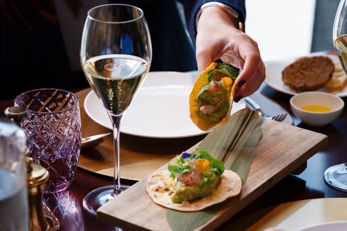 Red prawn tostada with guacamole and herbs at Caffè dell’Oro Florence
