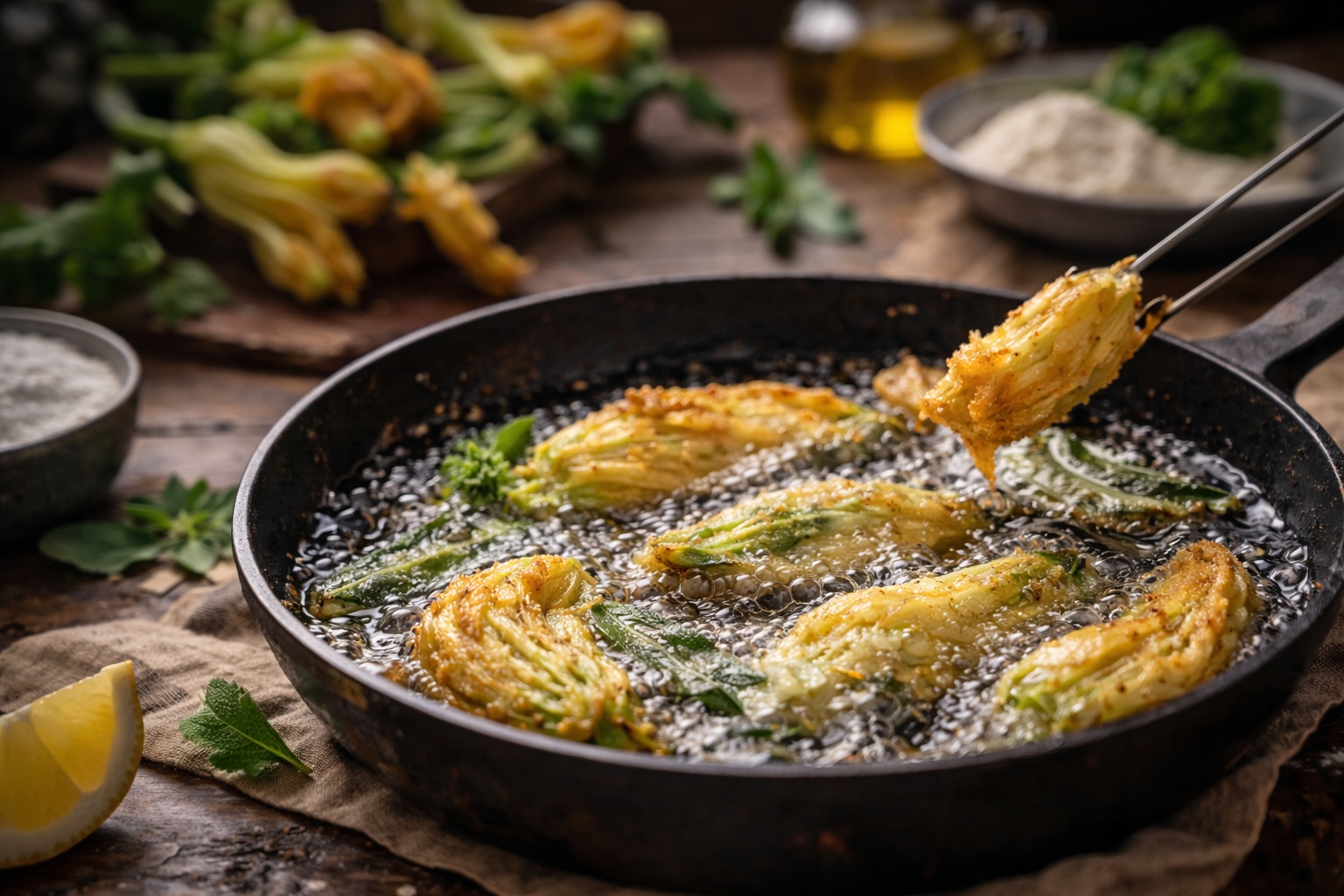 Zucchini blossoms frying in hot oil, a reminder that in Italian cooking almost anything can be transformed—except aria fritta.