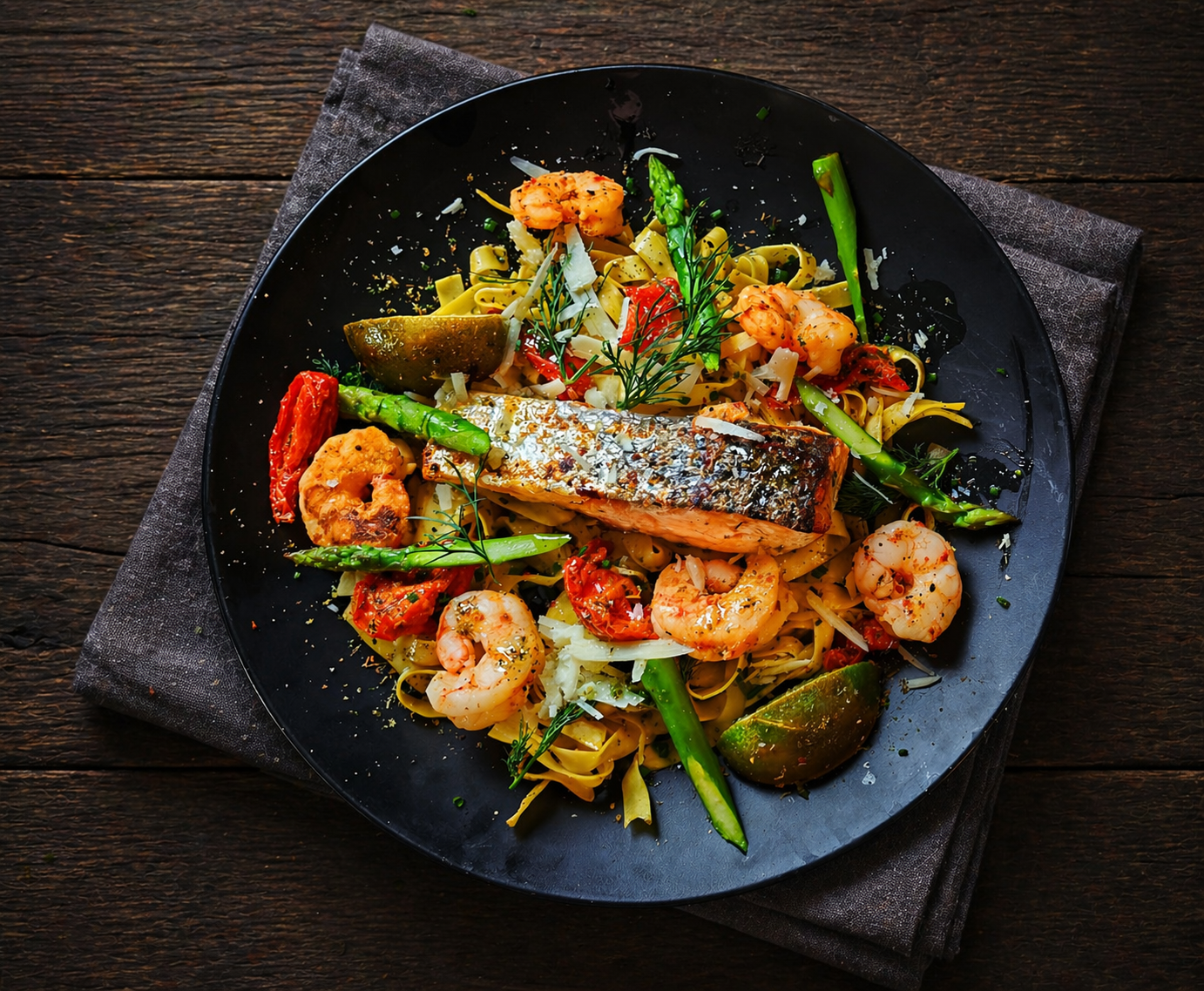 Overhead view of creamy tagliatelle pasta topped with crispy salmon, king prawns, asparagus, parmesan, and roasted lime on a black plate.