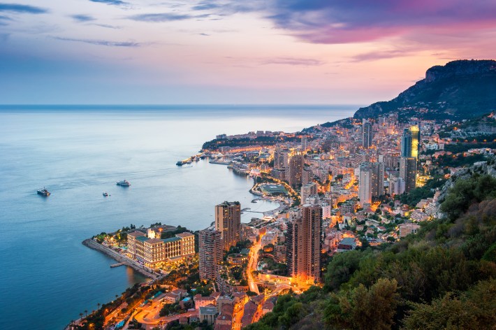 View of Monte Carlo and the Mediterranean coastline at sunset