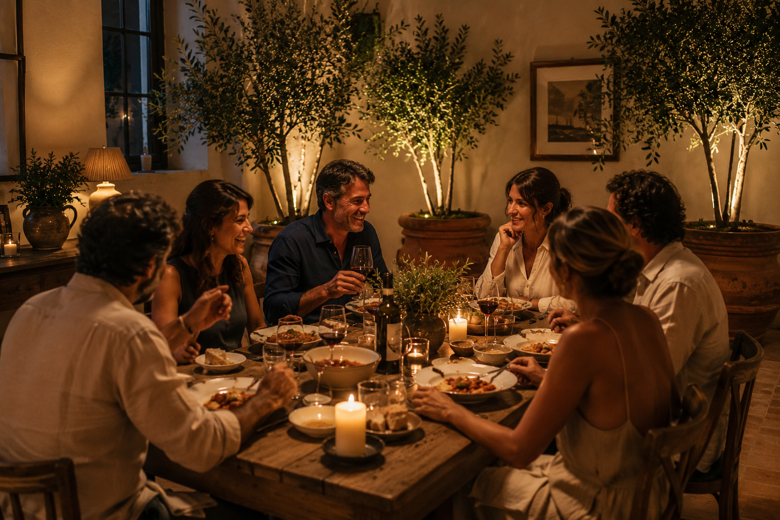 Friends lingering around a table at dinner, with potted trees in the background