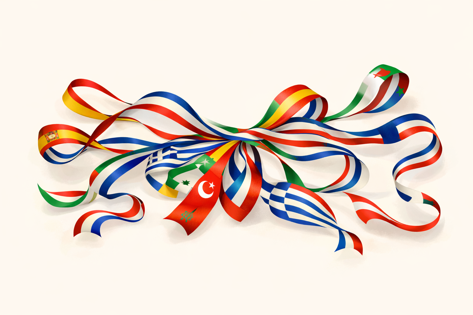 A ribbon composed of Mediterranean country flags reflects the region’s shared culinary identity and cultural exchange.