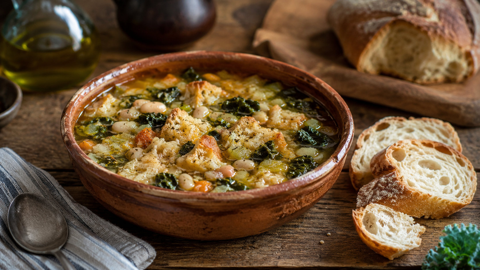 Tuscan soup in a brown bowl