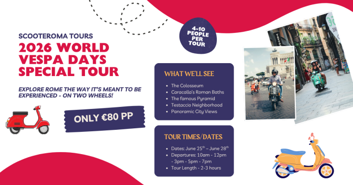 Flyer of Scooteroma's special Vespa World Days 2026 tour offers participants the chance to explore Rome on their own scooter
