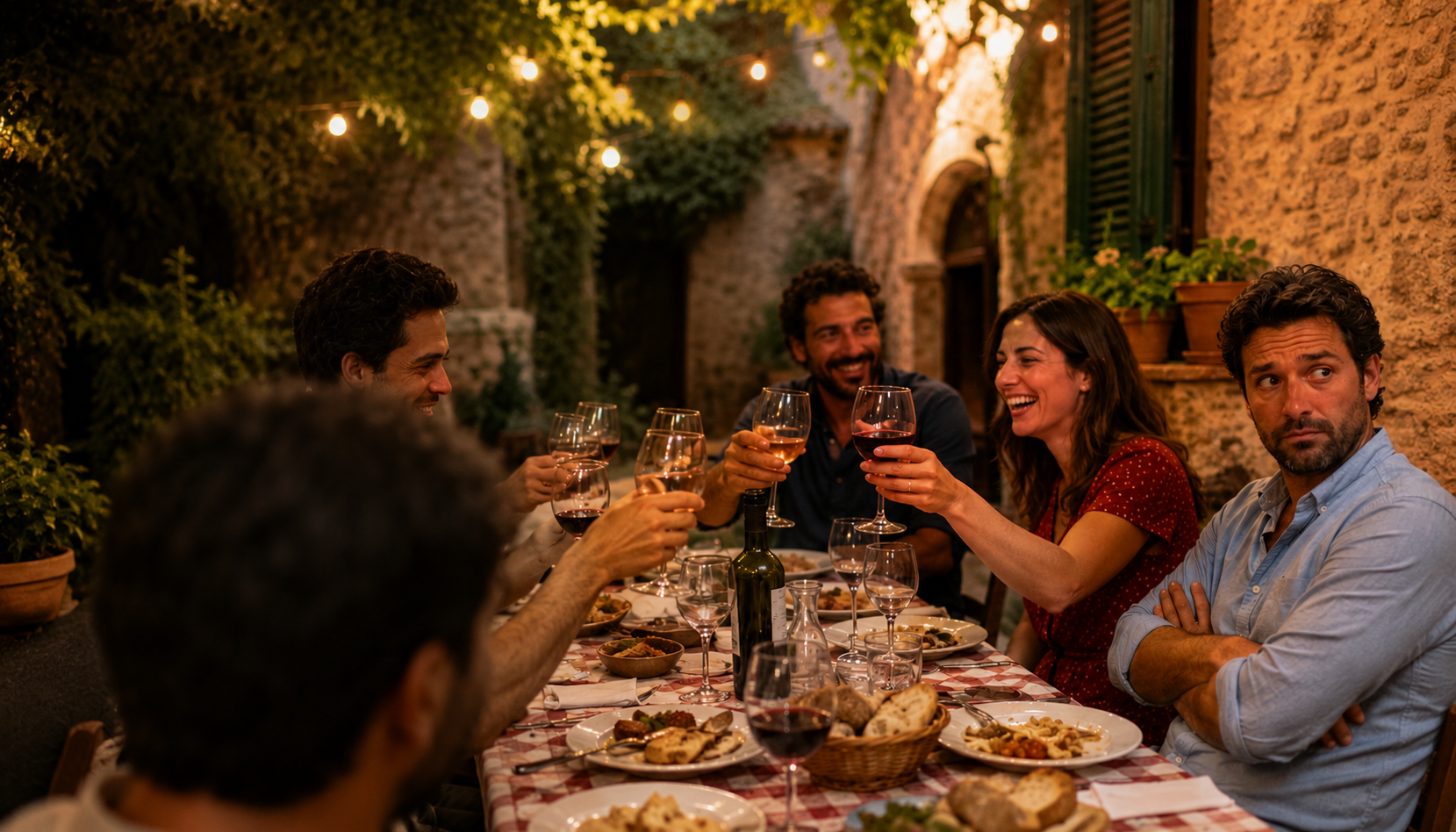 A group of friends toasting at an Italian table, and one is not drinking.