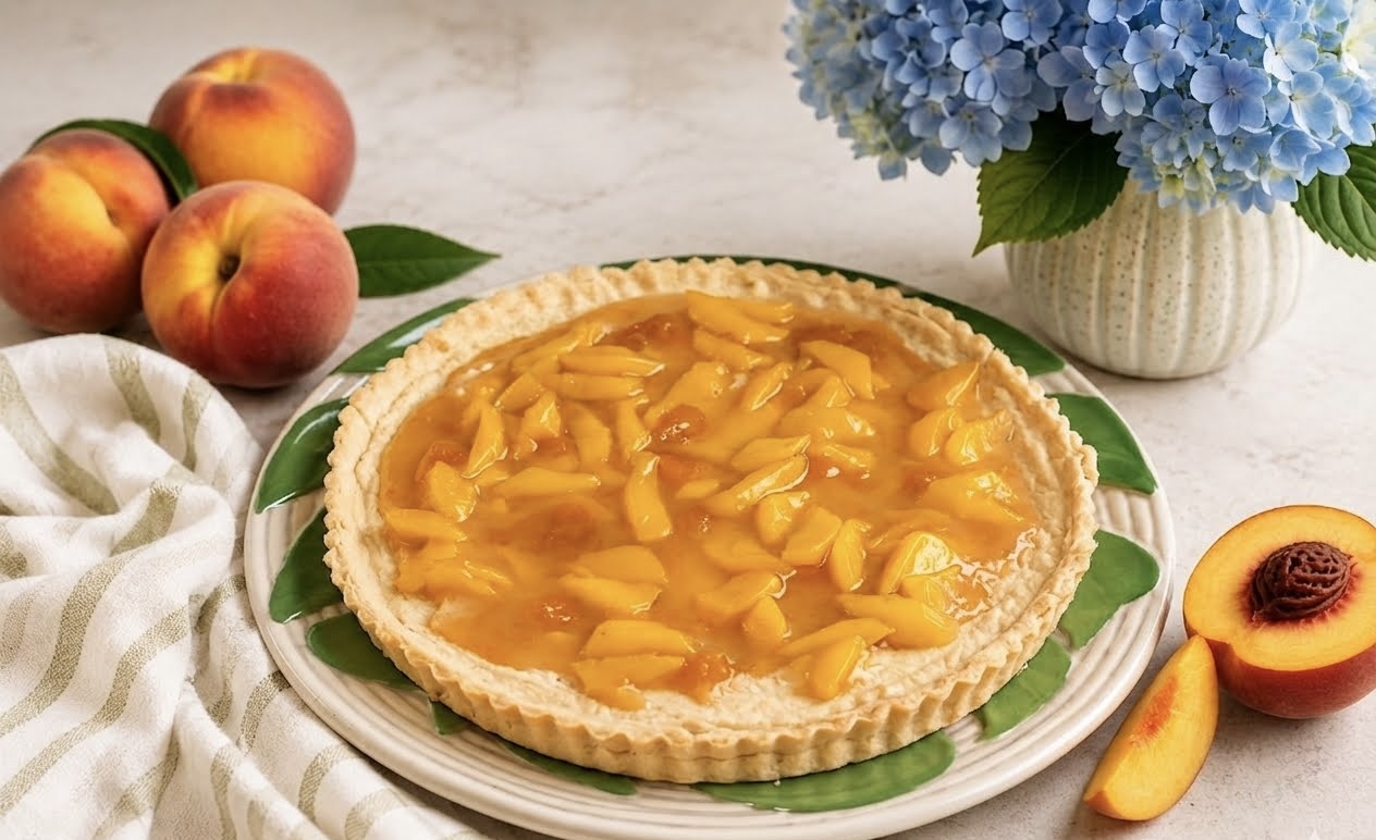 Peach tart topped with glossy peaches over mascarpone filling in a buttery tart shell.