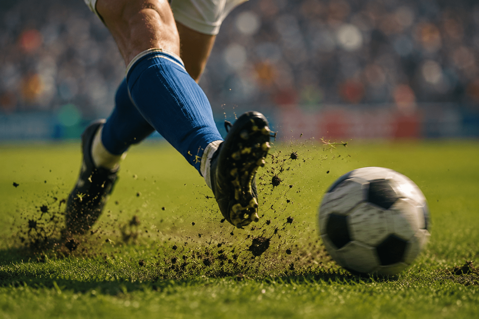 Soccer player kicking a ball during a World Cup-style match, illustrating the Italian phrase "mangiarsi un gol."