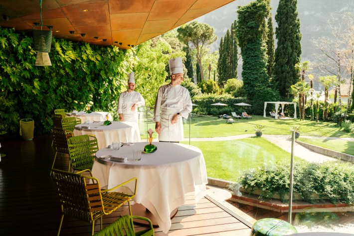 The garden view from Lido restaurant at Lido Palace in Riva del Garda.