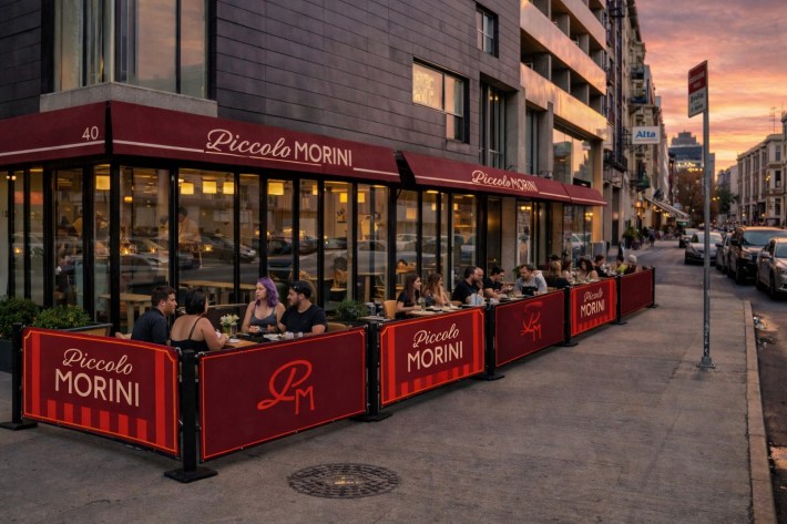 Rendering of the exterior of Piccolo MORINI restaurant at 40 Kenmare Street in Manhattan.