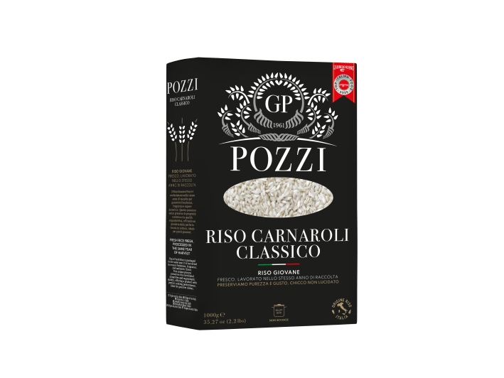 Box of Pozzi Carnaroli Classico rice.