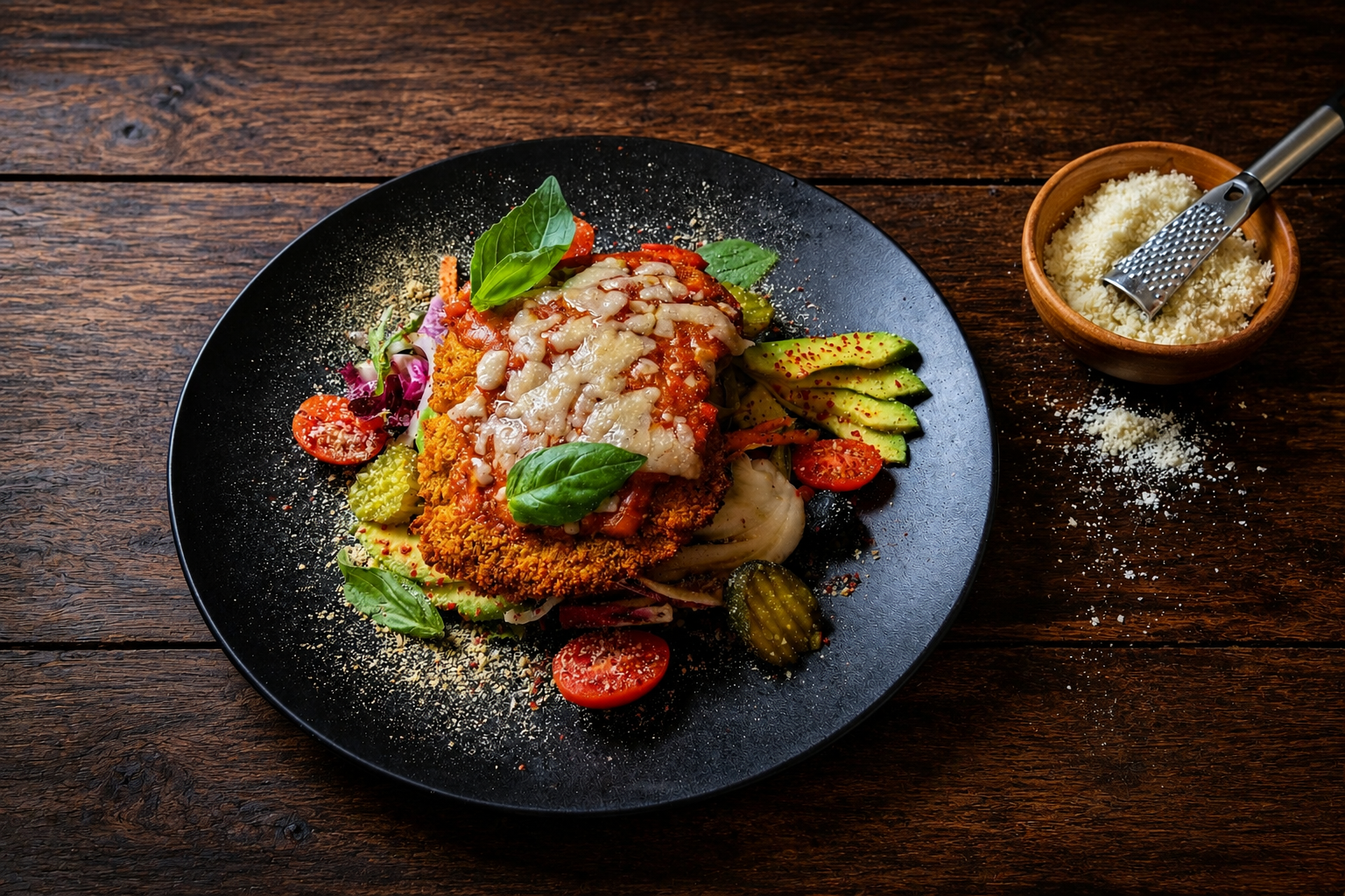 Chicken parmigiana with tomato sauce, melted cheese, fresh basil, and seasonal vegetables.