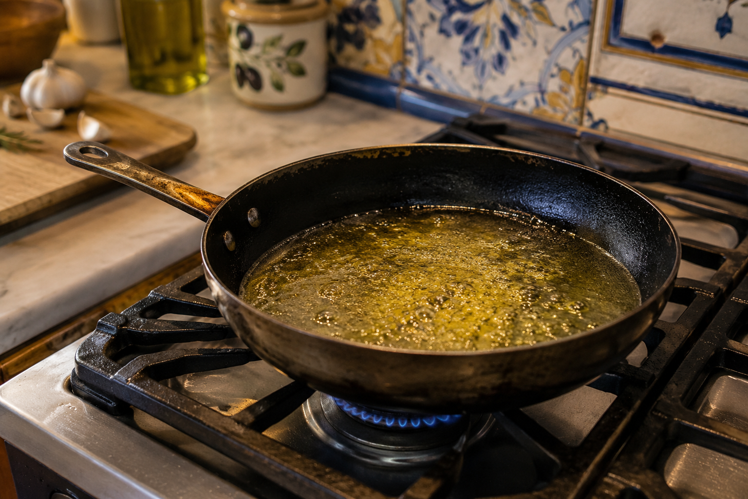 Vintage frying pan sizzling with olive oil in a rustic Italian kitchen representing the expression vai a farti friggere.