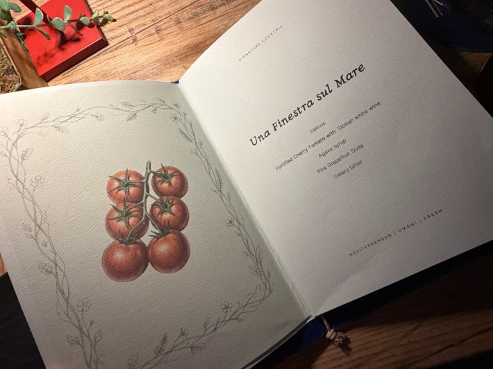 Illustrated cocktail menu at Incanto restaurant featuring Sicilian-inspired drinks.