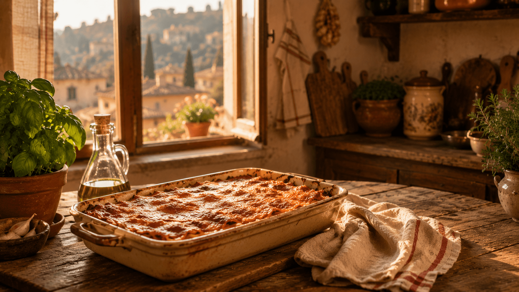 Homemade lasagna on a wooden table in a sunlit Italian farmhouse kitchen.