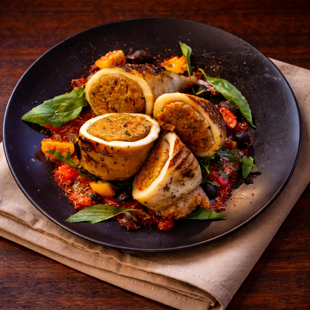 Stuffed calamari filled with tomato, roasted red pepper on a black round plate and a tan napkin