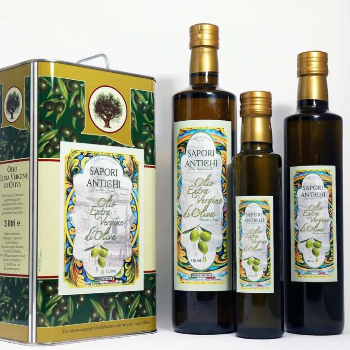 Bottles and tins of Sapori Antichi extra virgin olive oil from Poggioreale, Sicily.