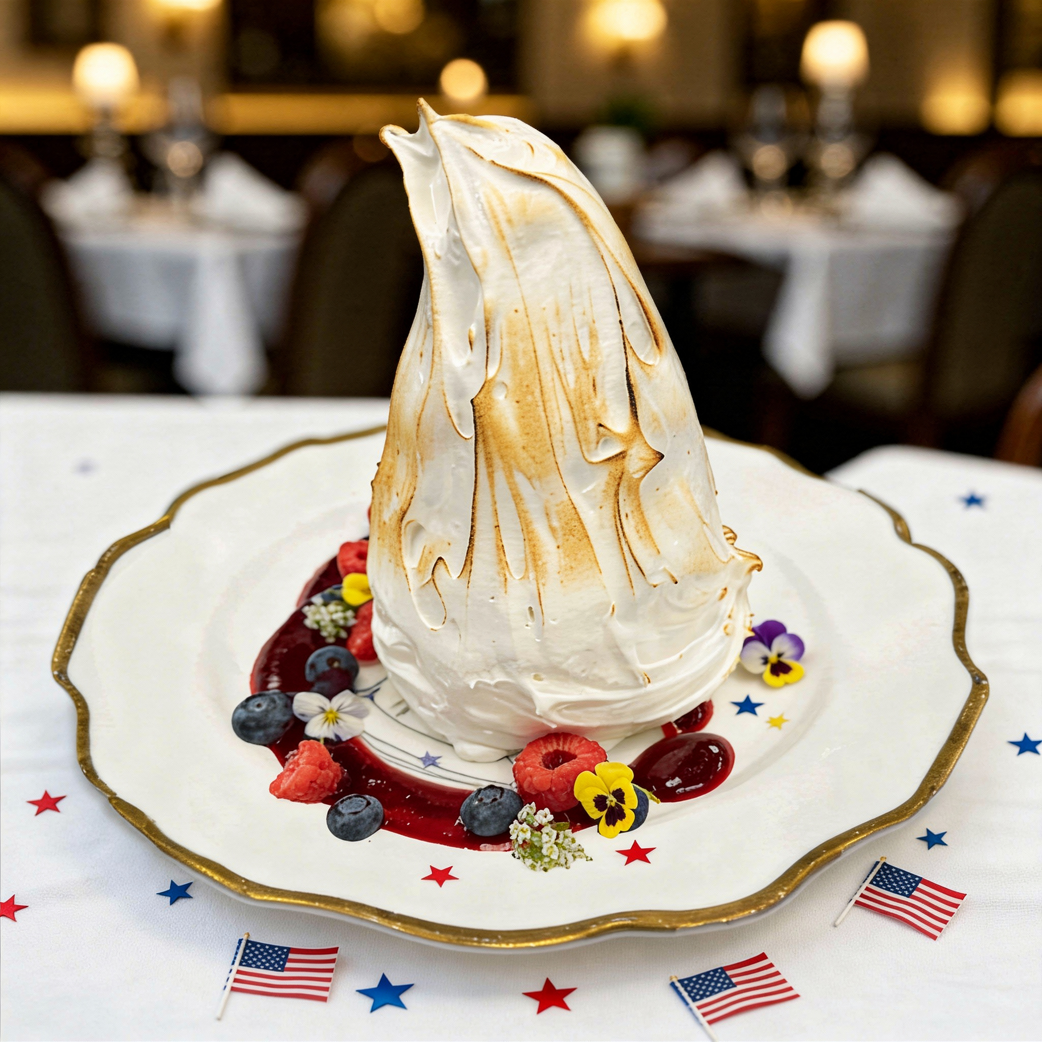 Delmonico's Baked Alaska plated with berries and American flags