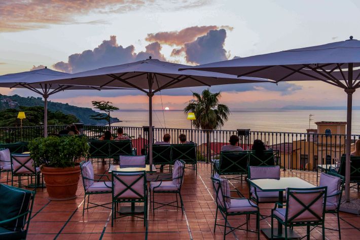 Sunset view from the terrace at Grand Hotel La Favorita in Sorrento.