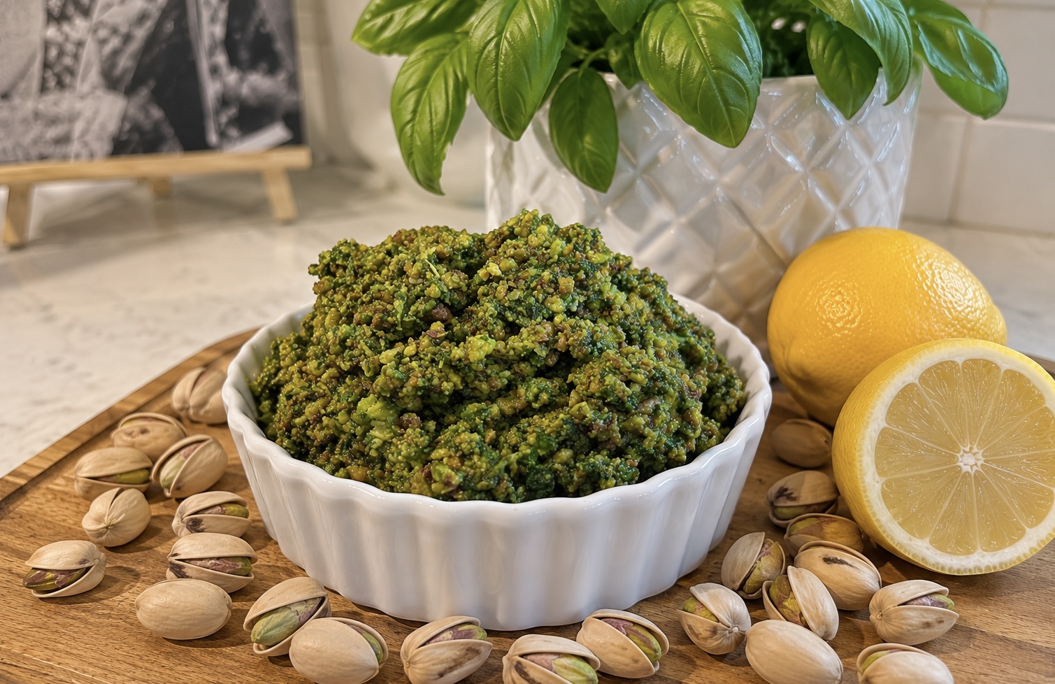 Bowl of homemade pistachio pesto with fresh basil and pistachios.