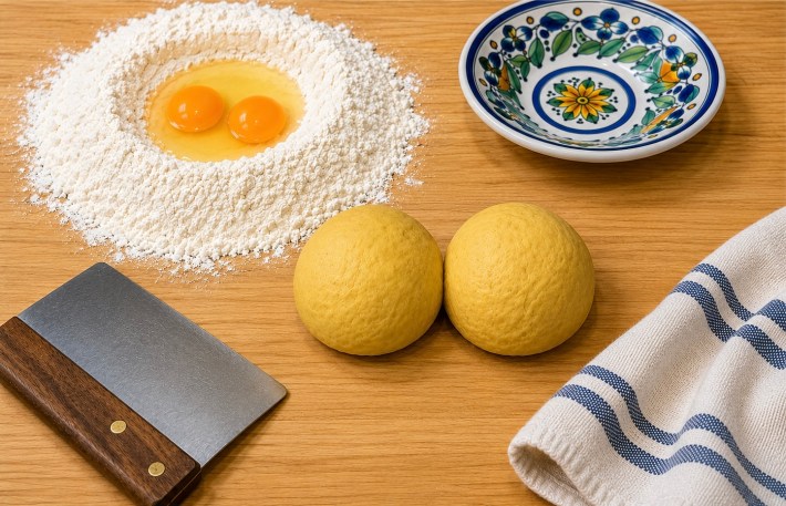 Flour and fresh eggs on a wooden board beside homemade pasta dough, a bench scraper, and a traditional Italian ceramic bowl.