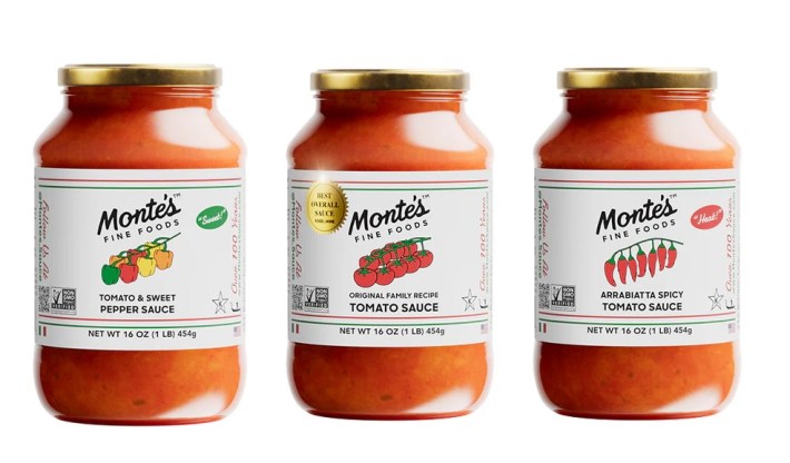 Three jars of Monte's Fine Foods tomato sauces in Original, Sweet Pepper and Arrabbiata varieties.