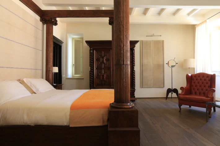 Guest room at Palazzo Seneca Relais & Châteaux in Norcia, Italy.
